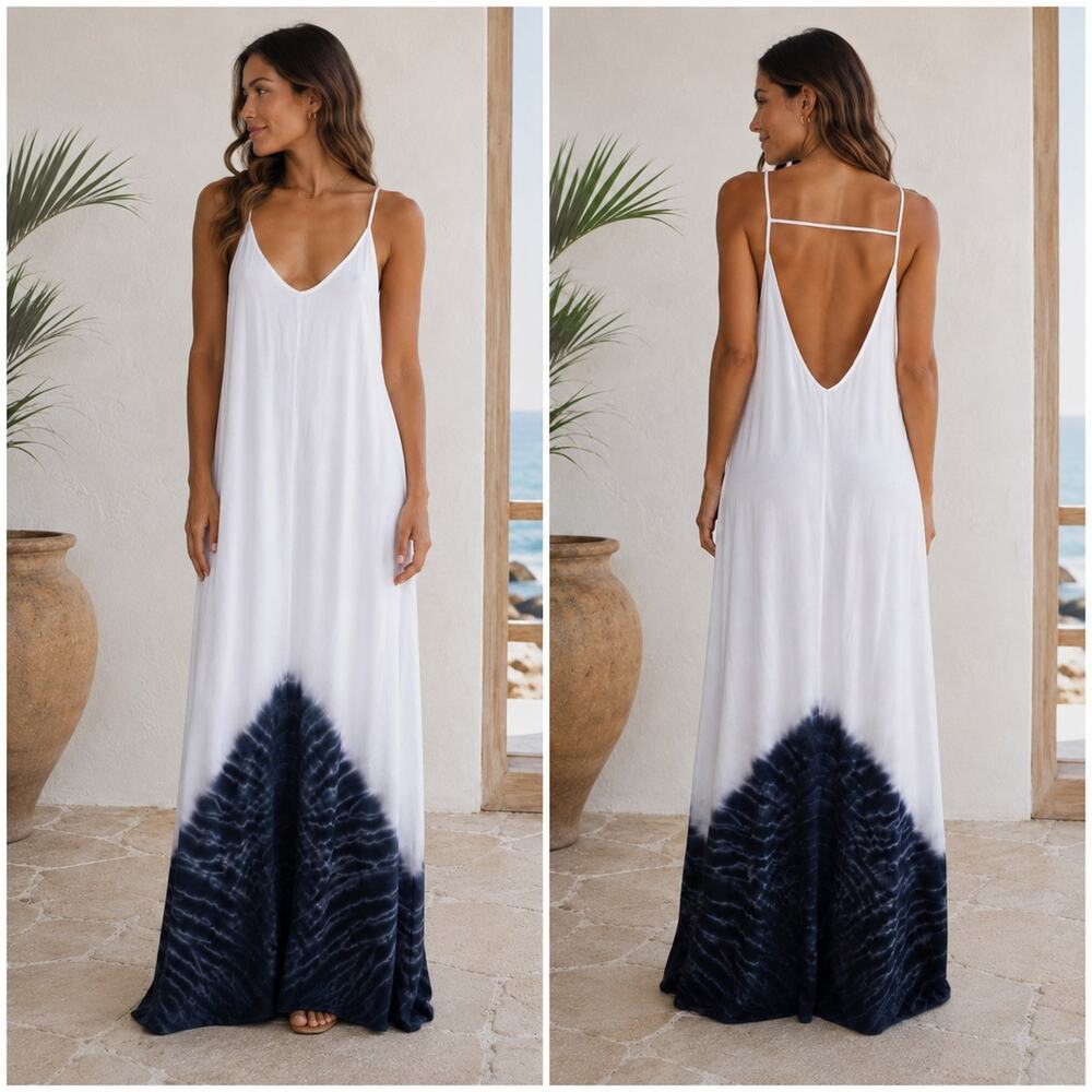 Fraiche by J Maxi Dress Medium NWT White Black Tie Dye Ombre Strappy Boho Rayon